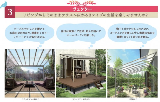 リビングからそのままテラスへ広がる3タイプの生活を楽しみませんか？