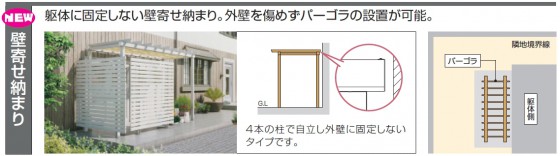 １４）外壁に固定しない壁寄せ納まり、外壁をいためずあこがれのパーゴラが設置可能
