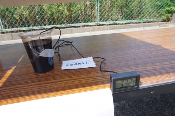 完全遮光タイプ ベニヤ板代用 開始直後：33.2℃（カーポート・テラスの屋根材「実力値」計測実験）