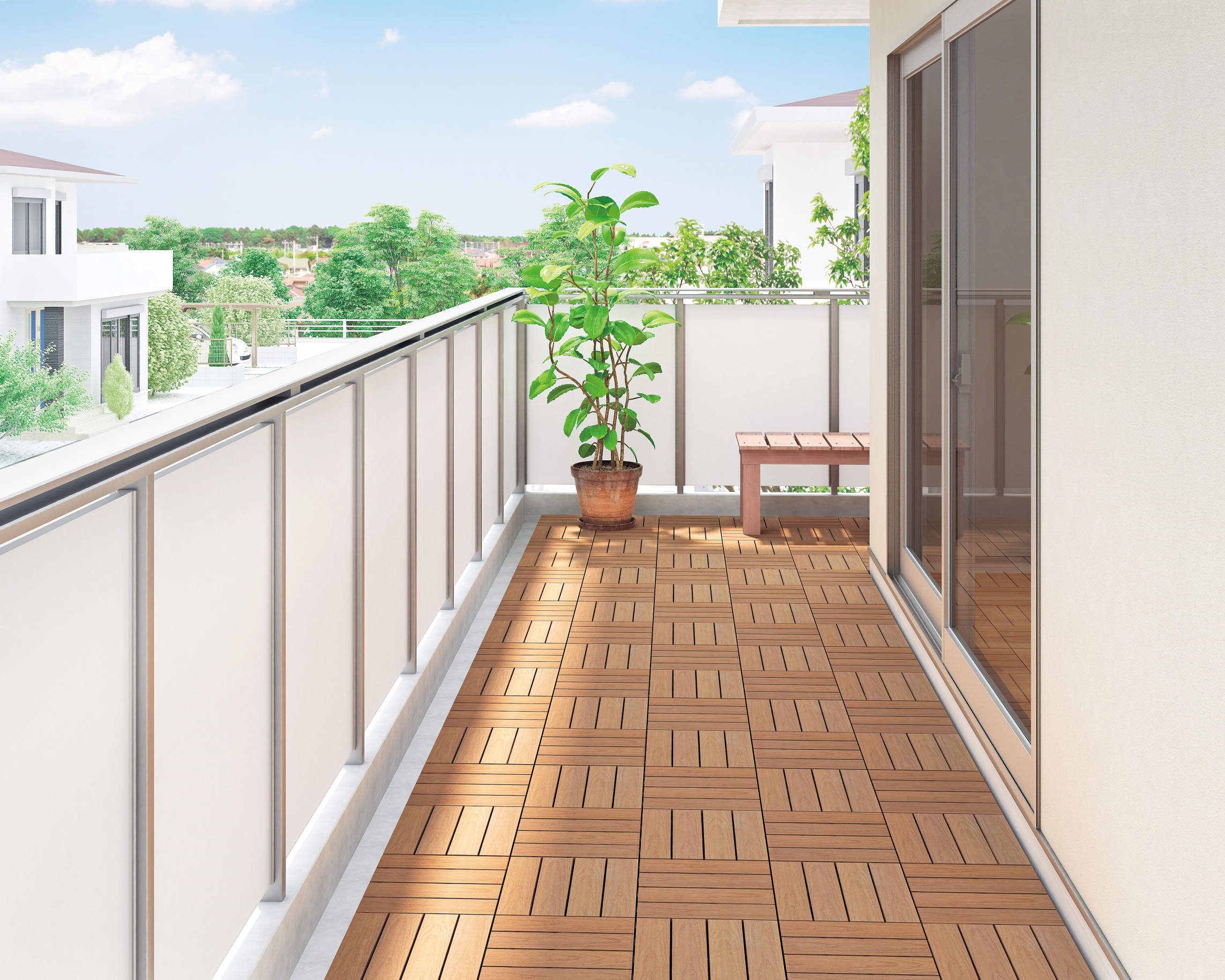 マンションのベランダにウッドデッキが簡単設置。※置くだけ工事 マンションのベランダにウッドデッキが簡単設置。※置くだけ工事