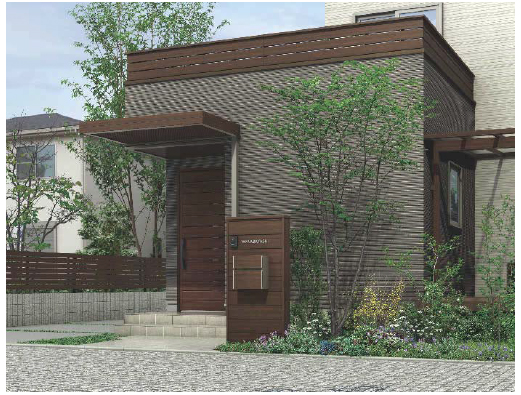 ルシアスウォールシリーズ。アルミ素材と木調部材との組み合わせがおしゃれ。