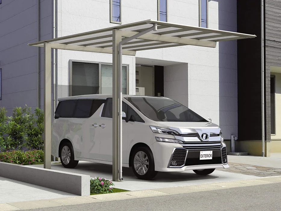 カーポート 1台用 H23 呼称：5433 スカイリード 片側支持・基本タイプ 形材屋根枠 パネル：熱線遮断FRP板DRタイプ 耐風圧強度：風速38m/s相当(耐積雪量：