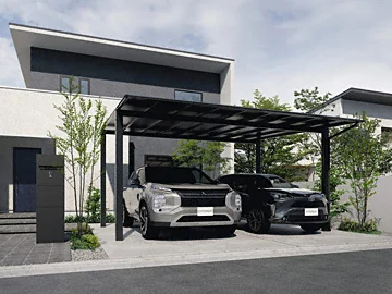 カーポート 2台用 スカイリード 片側支持・奥行2連結タイプ H23 呼称：50・5025 木調屋根枠（ポリカーボネート板） 風速42m/s相当 三協アルミ 公式カーポートFⅡ 奥行2連結 片側支持タイプ 2台用-三協アルミ