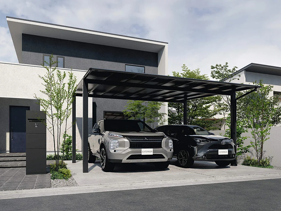 カーポート 1台用 H23 呼称：(54・54)25 スカイリード 片側支持・奥行2連結 木調屋根枠 パネル：ポリカーボネート板 耐風圧強度：風速42m/s相当(耐積雪 エリア限定販売 カーポート 1台用 H23 呼称：(54・54)24 スカイ