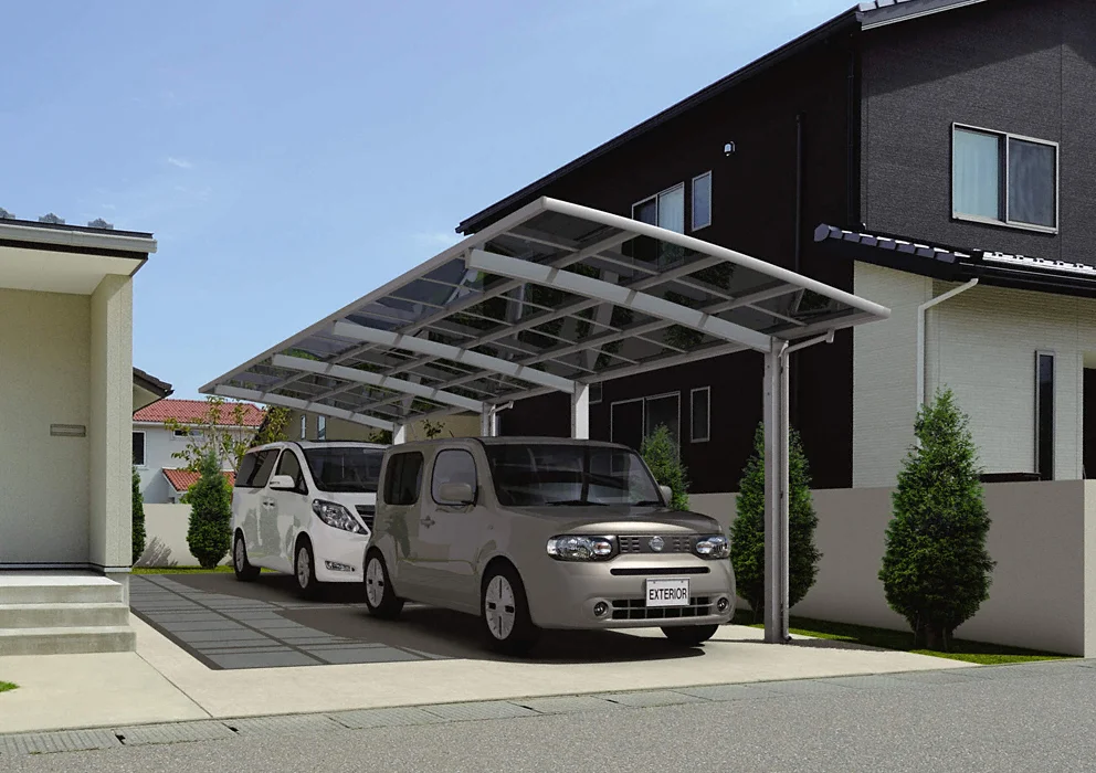 三協アルミ カムフィエース 2台用 M合掌タイプ 43 (25?27) H28 屋根材：ポリカーボネート板 柱4本 『 カーポート 車庫 ガレージ 』 三協アルミ カムフィエース 2台用 M合掌タイプ 57 (27?33) H28 屋根材