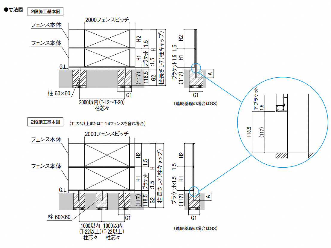 フェンスAA YL1型 横ルーバー +YS2型 横スリット木調カラー アルミ多段柱仕様-LIXIL - フェンス・柵ならエクスショップ