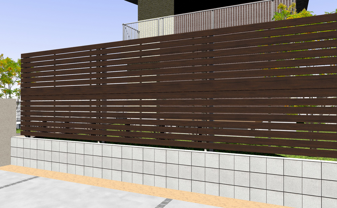 ルシアスフェンスH02型 横板格子 木調カラー 2段支柱 自立建て用-YKKAP - フェンス・柵ならエクスショップ