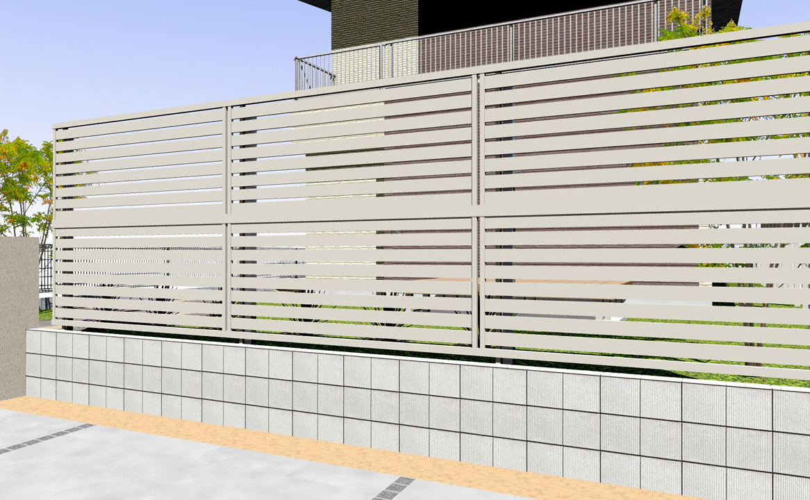 YKKAPのフェンス・柵 エクスラインフェンス23型 横半目隠し 2段支柱 自立建て用