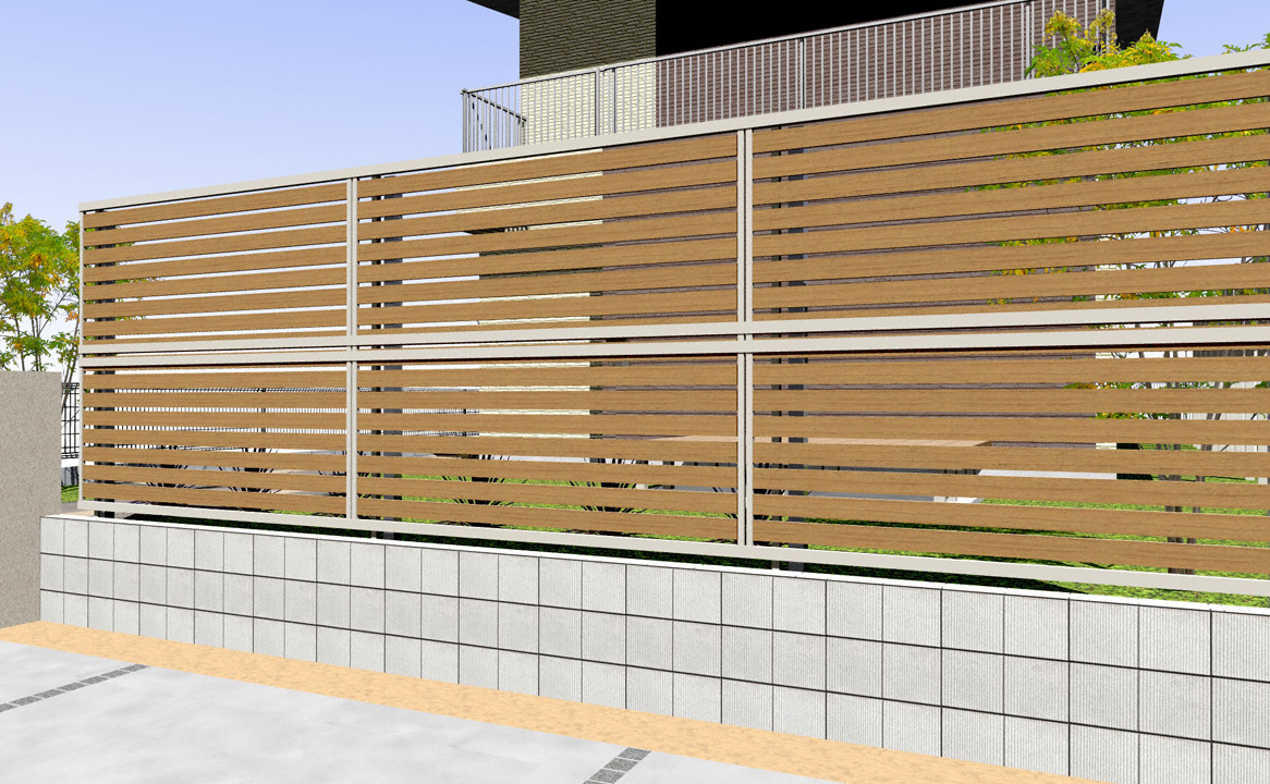 フェンス(工事費込) YKKAP ルシアスフェンスF04型 横板 木調カラー 2段支柱 自立建て用