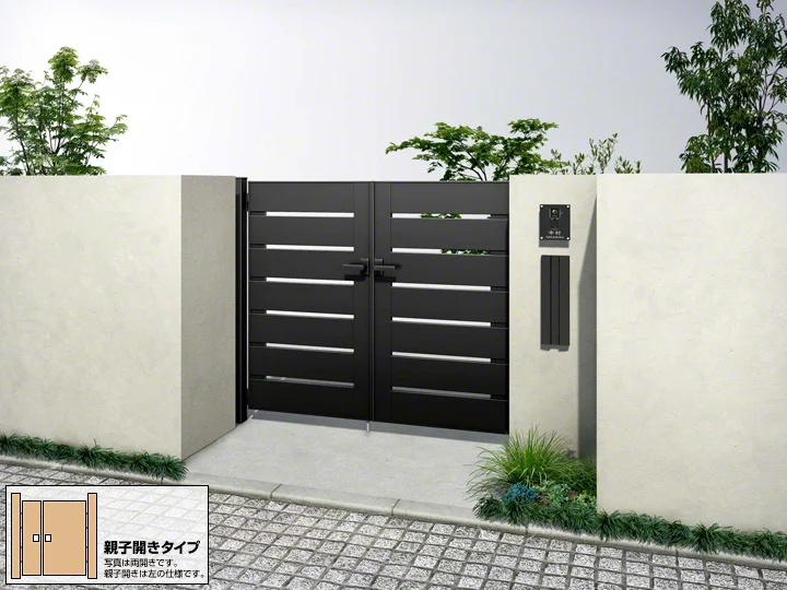 YKKAPガーデンエクステリア 門扉 ルシアス W07型 片開き[門柱セット]：[幅1100mm×高1800mm] 門扉 YKK YKKap ルシアス門扉W07型 親子開き(子扉道路側ハンドルあり) 04・
