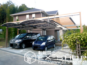 のカーポート マルチスクエア　アール屋根　2合掌+パーゴラ　両支持　ロング柱 施工例