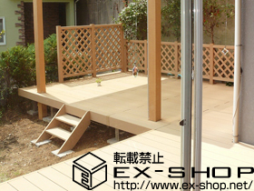 のウッドデッキ リウッドデッキII 特殊納まり+リウッドステップ4型 Sタイプ2段+リウッドデッキフェンス2型 ラチス格子 施工例