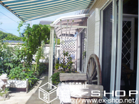 のテラス屋根 パワーアルファ RB型 テラスタイプ 単体　積雪〜30cm対応+吊り下げ物干し　標準　2本入+側面ランマパネル 施工例