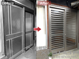 の玄関ドア リシェント玄関引戸 SG仕様2枚建 ランマ無53型(横格子)＋リシェント引戸網戸2枚建 中桟付(02型) 施工例