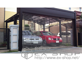 のガレージシャッター ワイドシャッター Fタイプ ステン 2台用 積雪〜20cm対応 +ポリカ（ブルースモーク）4枚入 施工例