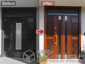 の玄関ドア リシェント M2型(木目調)　両袖飾りランマ中桟付タイプ 施工例