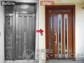 LIXIL リクシル(トステム)の玄関ドア リシェントK4仕様 20片袖(ランマ付き)中桟付R 300型 施工例