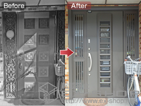 の玄関ドア リシェントK4仕様 22簡易タッチキー仕様 両袖飾り中桟付きR 001型＋追加リモコンキー(ピンク×1/ブルー×1) 施工例