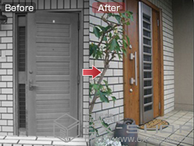 の玄関ドア リシェント 片開き 001型＋下枠段差緩和材・施工スペーサーセット・平板 施工例