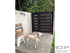 の門扉 ルシアス門扉BW02型 横スリット(木調框) 両開き親子 複合カラー 門柱使用 施工例