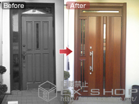 の玄関ドア リシェントK4仕様 20片袖(ランマ付き)中桟付R 500型　※袖飾り取付孔加工あり 施工例