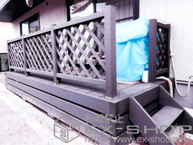 のウッドデッキ リウッドデッキ 200＋階段式リウッドステップ5型 Sタイプ 1段＋リウッドデッキフェンス2型＜ラチス格子＞＋床下囲い部材一式 正面+両側面/各2段 施工例