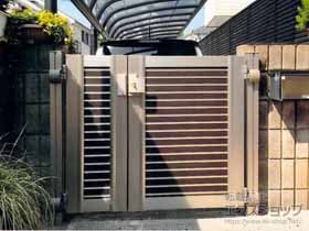 の門扉 ルシアス門扉CW02型 横目隠し 両開き親子 複合カラー 門柱使用 施工例