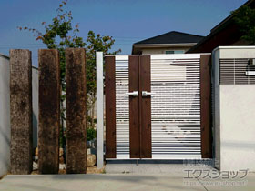 の門扉 マイリッシュA11型 横細格子 両開き親子 門柱タイプ 施工例