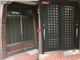 の玄関ドア リシェント玄関引戸 PG仕様 2枚建戸 ランマ無 14型(井桁格子) ※簡易タッチキーシステム仕様 施工例