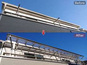 のバルコニー・ベランダ屋根 ヴェクターテラス R型 1500 屋根タイプ 連棟 積雪〜50cm対応 施工例