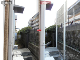 のフェンス・柵 ミエーネフェンス 目隠しルーバータイプ 3段支柱 自立建て用（パネル2段） 施工例