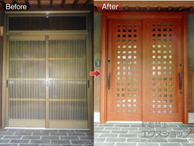 の玄関ドア リシェント玄関引戸 PG仕様 2枚建戸 ランマ無 14型（井桁格子） *簡易タッチキーシステム仕様 施工例