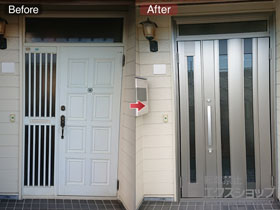 の玄関ドア リシェント玄関ドア3 アルミ仕様 手動 親子仕様(ランマ付)R C14N型 施工例