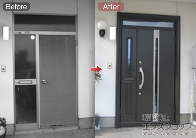 島根県出雲市のLIXIL リクシル（トステム）の玄関ドア リシェント D1型 親子タイプ　ランマ付+下枠段差緩和材+断熱玄関ドア用レターバスケット 施工例