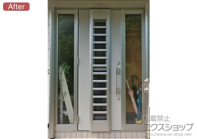 宮城県名取市のLIXIL リクシル（トステム）の玄関ドア リシェント 001型 両袖付 採風タイプ＋下枠段差緩和材 施工例