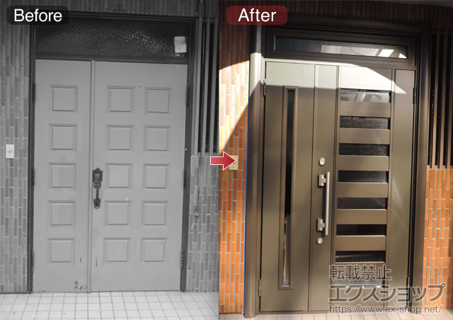 埼玉県鴻巣市のLIXIL リクシル（トステム）の玄関ドア リシェント600型  断熱仕様親子開き ランマ付き 施工例