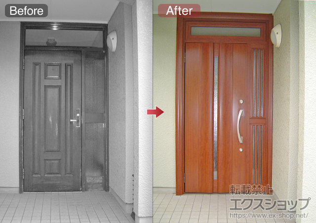 兵庫県川辺郡猪名川町のLIXIL リクシル（トステム）の玄関ドア リシェント K4仕様20 片袖飾りランマ/中桟付 L 500型
幅=1,138mm 施工例