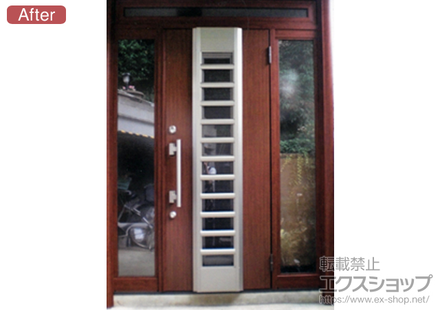 神奈川県横浜市のLIXIL リクシル（トステム）の玄関ドア リシェント 001型 採風タイプ＋下枠段差緩和材/施工スペーサーセット一式/フロンテックG型パイプ 施工例