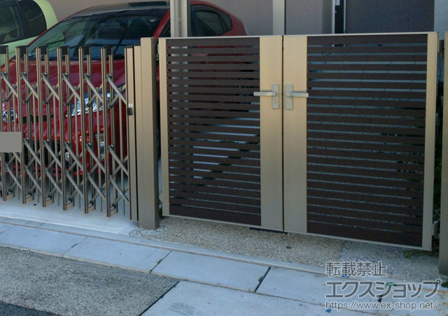 愛知県名古屋市のの門扉、カーゲート ジオーナ門扉 B3型 両開き マテリアルカラー　柱使用 施工例