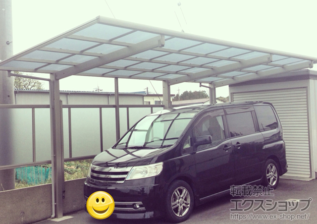 静岡県御前崎市ののカーポート エフルージュグラン 延長 耐風圧強度仕様 積雪〜30cm対応+枯葉よけネット+エフルージュグラン用サイドパネル 施工例