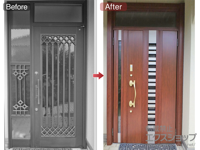 兵庫県神戸市のLIXIL リクシル（トステム）の玄関ドア リシェントII 断熱K4仕様 親子仕様(ランマ付)R タッチキー(キー付きリモコン) E90型 施工例