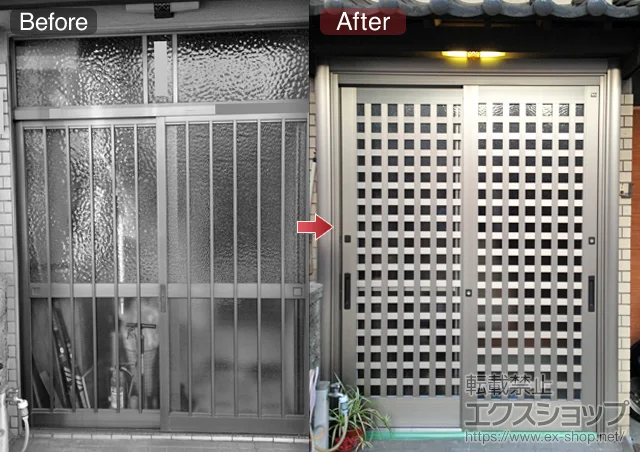大阪府東大阪市のLIXIL リクシル(トステム)の玄関ドア リシェント玄関引戸 SG仕様2枚建戸ランマ無54型(井桁格子) ※単板ガラス仕様 施工例