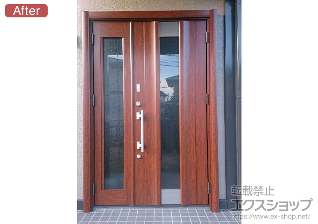 愛知県小牧市のLIXIL リクシル（トステム）の玄関ドア リシェントアルミ仕様 22簡易タッチキー仕様 親子仕様R(ランマ無し) M1型＋下枠段差緩和材/簡易タッチキー(ピンク×1/ブルー×1) 施工例