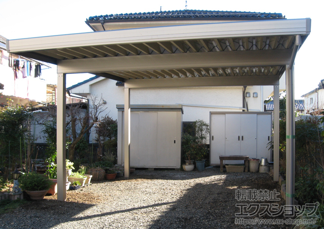 東京都八王子市のLIXIL リクシル（トステム）のカーポート テリオスポートIII 1500 2台用 角柱4本柱 積雪〜50cm対応＋雨樋部品 施工例