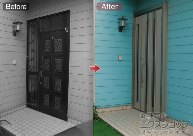 埼玉県熊谷市のLIXIL リクシル（トステム）の玄関ドア リシェントK4仕様 22親子R300型 施工例