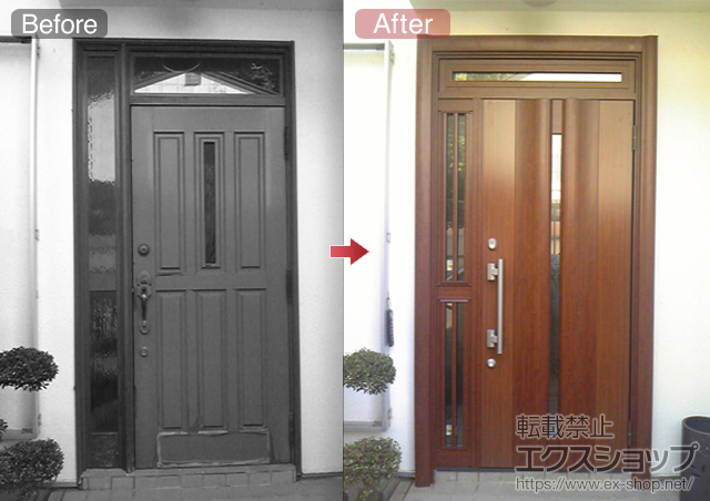 東京都八王子市のLIXIL リクシル（トステム）の玄関ドア リシェントK4仕様 20片袖(ランマ付き)中桟付R 500型　※袖飾り取付孔加工あり 施工例