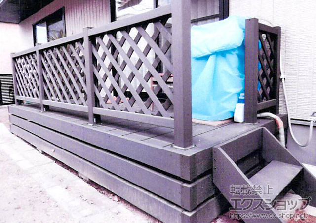 愛知県豊田市ののウッドデッキ リウッドデッキ 200＋階段式リウッドステップ5型 Sタイプ 1段＋リウッドデッキフェンス2型＜ラチス格子＞＋床下囲い部材一式 正面+両側面/各2段 施工例