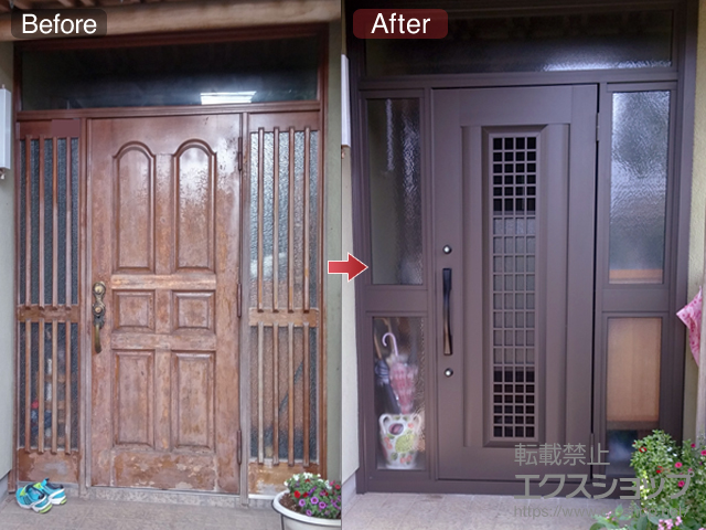 茨城県つくばみらい市のLIXIL リクシル（トステム）の玄関ドア リシェントII アルミ仕様 両袖仕様(ランマ付/中桟付/ポスト無)R C84型 施工例