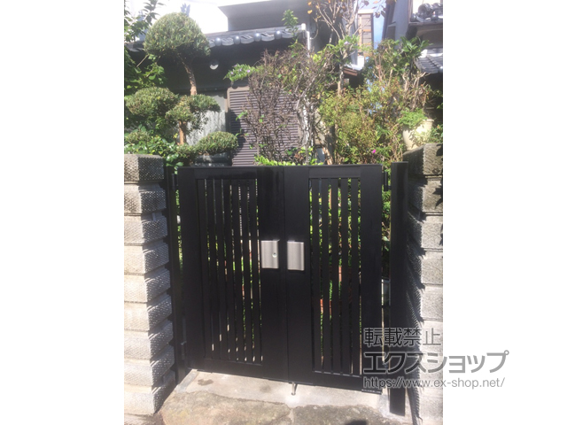 大阪府寝屋川市のの門扉 ライシス門扉 4型 太縦桟 両開き 柱使用 施工例