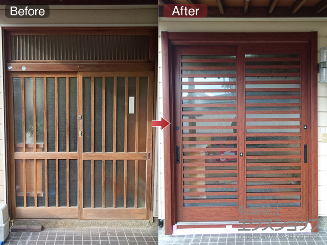 福岡県行橋市のLIXIL リクシル（トステム）の玄関ドア リシェント玄関引戸 PG仕様 2枚建戸 ランマ無 13型（横太格子） 施工例